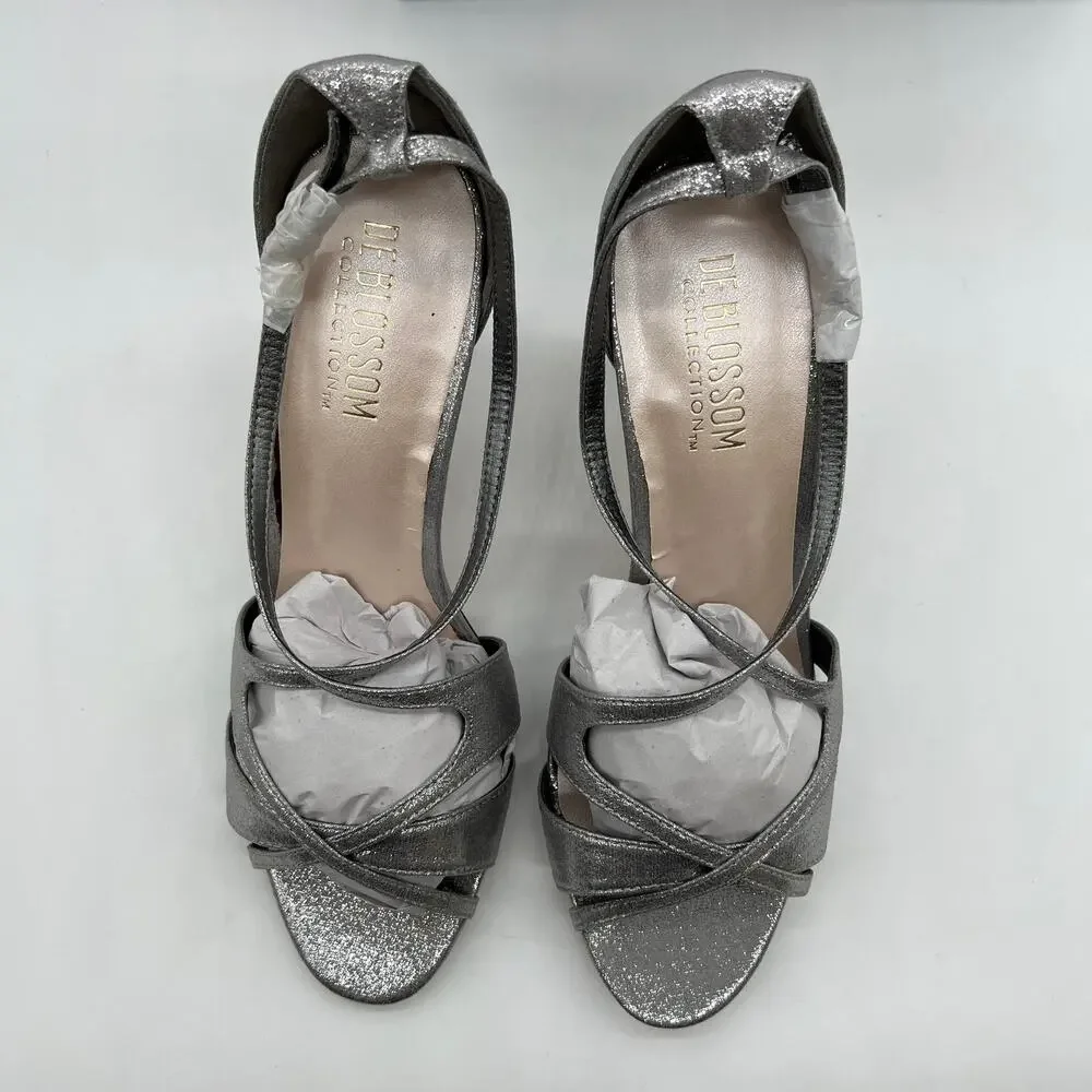 De Blossom Collection Ankle Strap Heeles Women's Size 8.5 Shoes Silver Shimmer